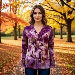 Kenar Cotton Sweater Womens Medium Tie Dyed Knit V-Neck Career Academia Church